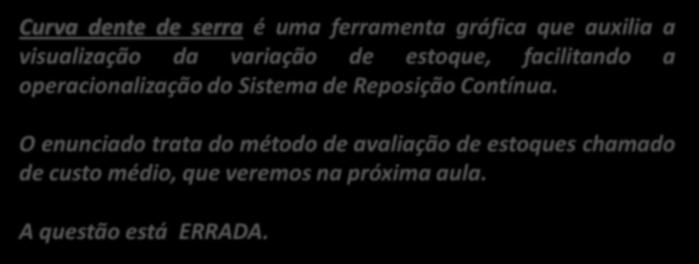 27. (CESPE / TSE / 2007 - adaptada) Curva dente de serra é um método de avaliação de estoques que focaliza o custo médio dos bens em estoque.