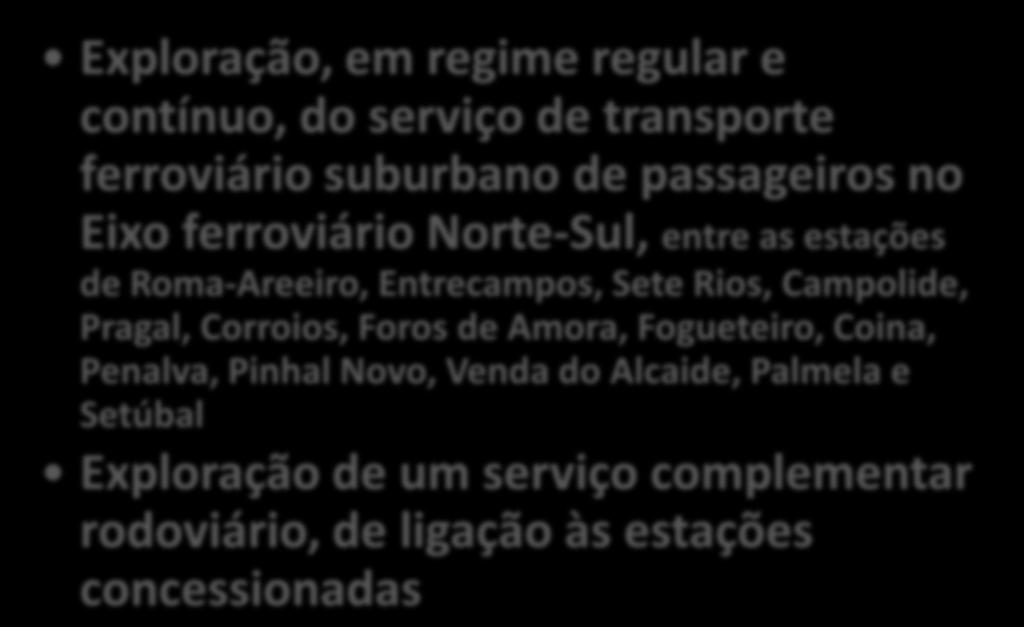 Contratualização Objeto da concessão Exploração, em regime regular e contínuo, do serviço de transporte ferroviário suburbano de passageiros no Eixo ferroviário Norte-Sul, entre as estações de