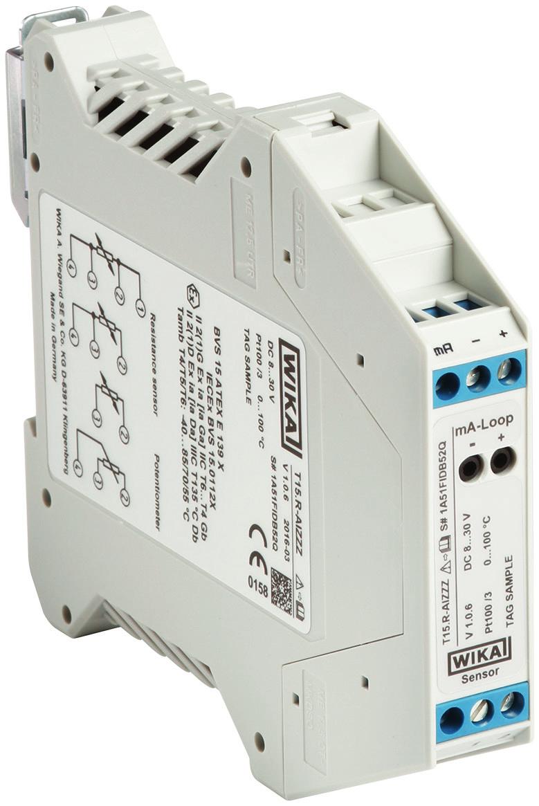 Temperatura Transmissor de temperatura digital para termorresistências Modelo T15.H, versão para montagem em cabeçote Modelo T15.R, versão para montagem em trilho WIKA folha de dados TE 15.