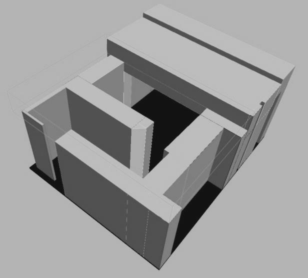 a) b) Figura 3.25 Modelos em três dimensões da sala de radioterapia. (a) Desenho 3D wireframe no AutoCAD.