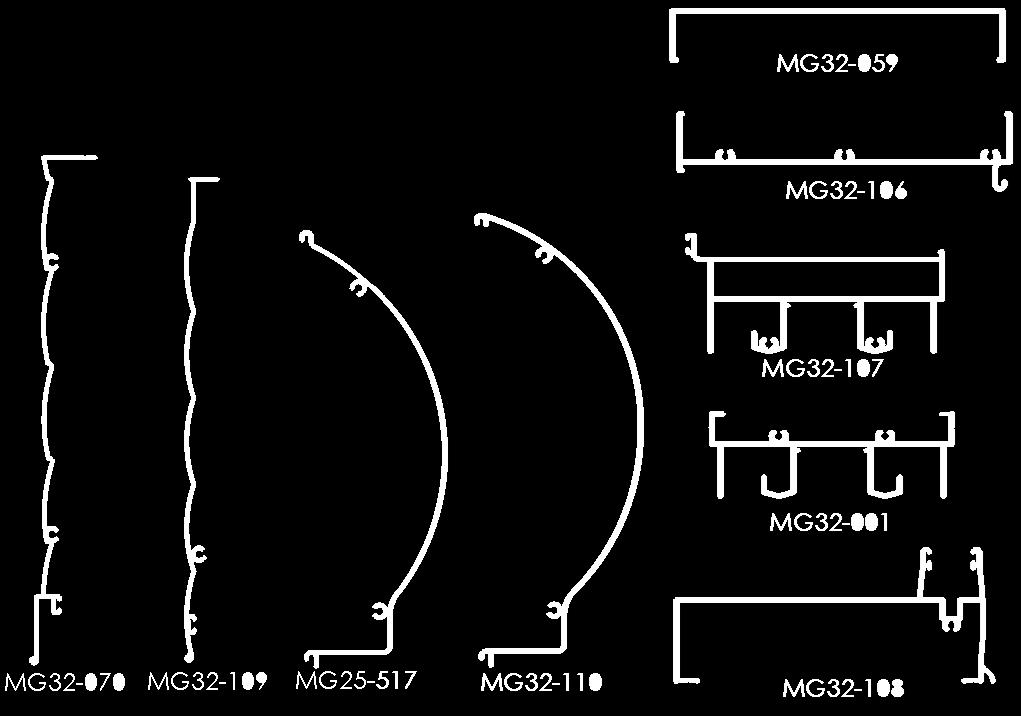 tampas internas MG25-517 e MG32-110, tampas externas MG32-070 e MG32-109, trilhos superiores