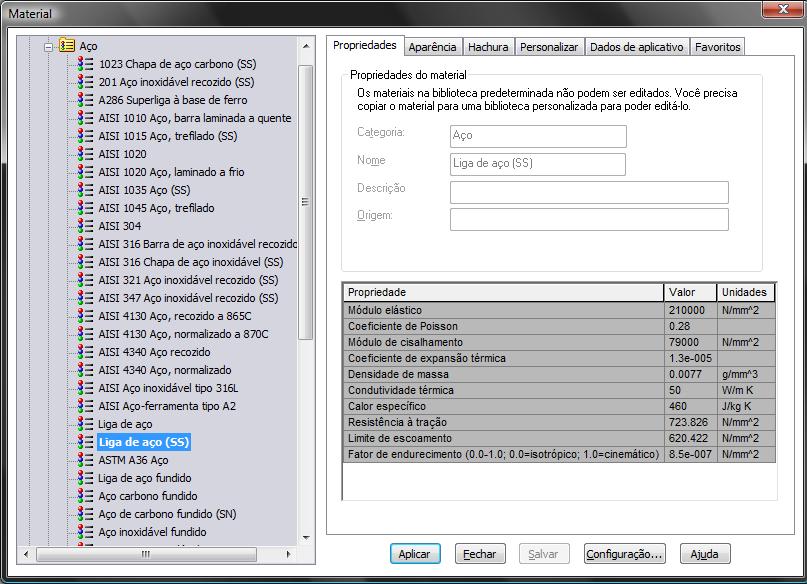 Selecione o material Liga de Aço (SS),