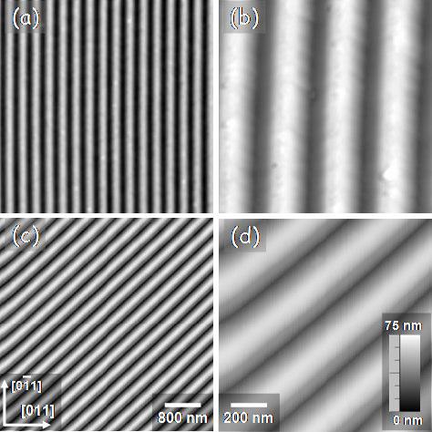 Resultados experimentais das linhas litografadas no InP 134 Figura 78 As imagens (a) e (b) são de riscos criados ao longo de [0-11] e as imagens (c) e (d) ao longo de [001] com 120 µm/s.