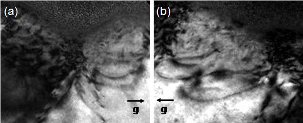 Resultados experimentais das linhas litografadas no InP 138 Figura 82 - Imagens de MET sob condições de difração opostas. Em (a) g = [1-10] e a metade direita da borboleta ou braço de roseta, é clara.
