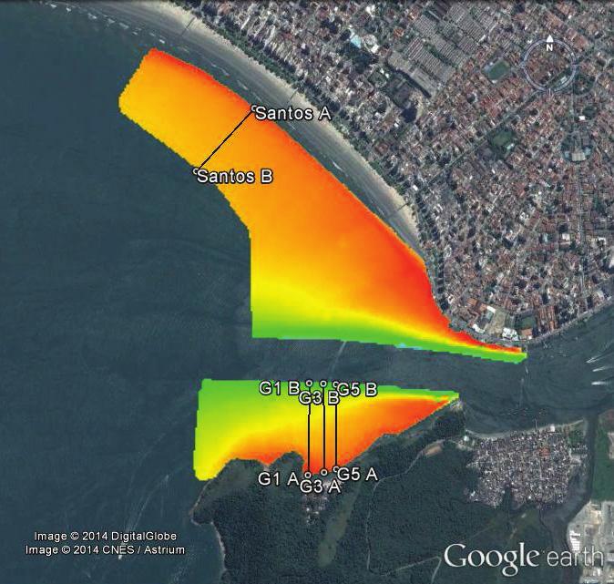 interpolado de batimetria na Baía de Santos com destaque à localização dos