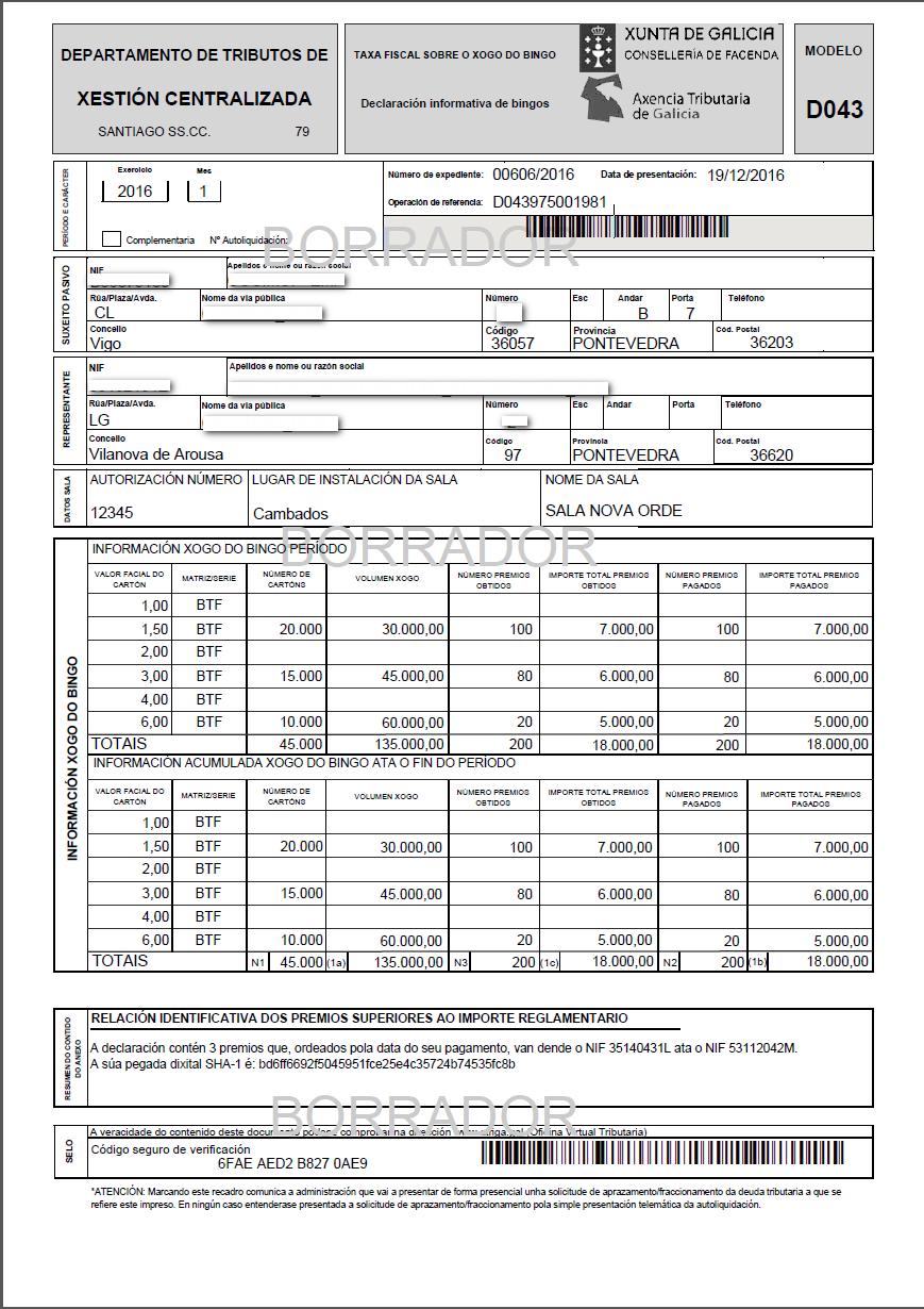 Declaración da Taxa (Nova orde do bingo) Tamén podemos obter copia do modelo D043 da declaración cargada, no caso de non tratarse da carga de datos da administración.