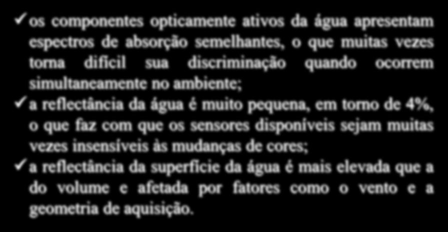 Comportamento Espectral da Água os componentes opticamente ativos da água apresentam espectros de absorção semelhantes, o que muitas vezes torna difícil sua discriminação quando ocorrem