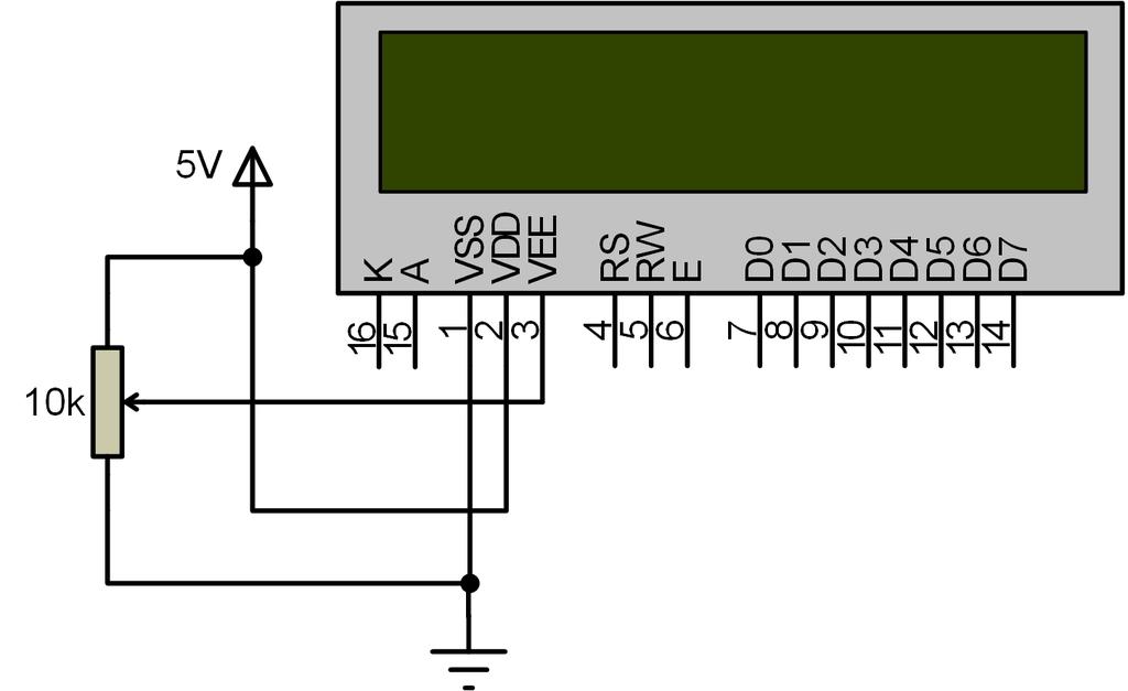 Interface com Display LCD 19 O pino 1 (V ss ) é ligado ao terra e o pino 2 (V dd ) na tensão de 5V.