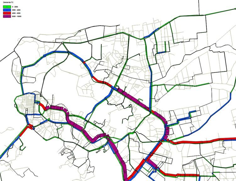 A seguir, está apresentado o carregamento resultante para a rede de transporte coletivo na hora de pico da manhã, ano 2024, considerando as intervenções físicas propostas no cenário de médio prazo.