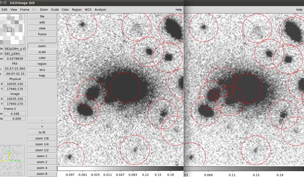 3.1. CS82 43 Figura 3.4: Detecções (círculos vermelhos) obtidas com duas das três configurações do conjunto escolhido após a análise da magnitude de completeza na imagem S82p28m.
