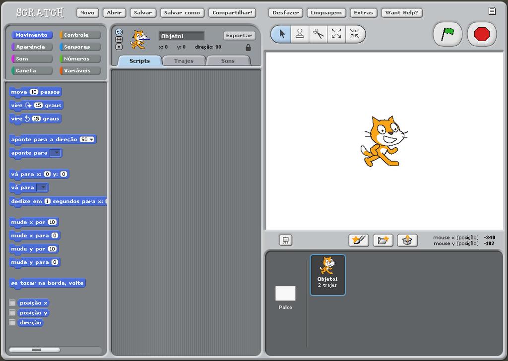 Desenvolvimento da aula Tela principal do Scratch, versão 1.4: 8 2 1 3 7 6 5 4 1 Botões de iniciar e parar script. 2 Botões para editar o objeto selecionado no palco.