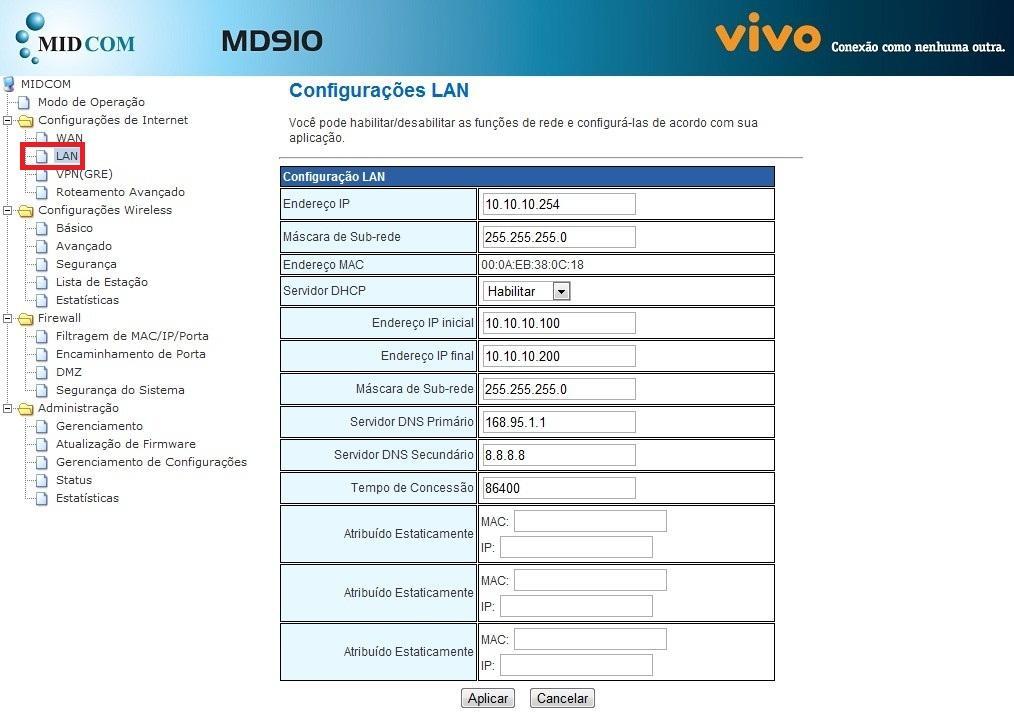 Nome de usuário: nome de usuário para conexão com sua operadora. Nome de usuário padrão: vivo Senha: senha para conexão com sua operadora.