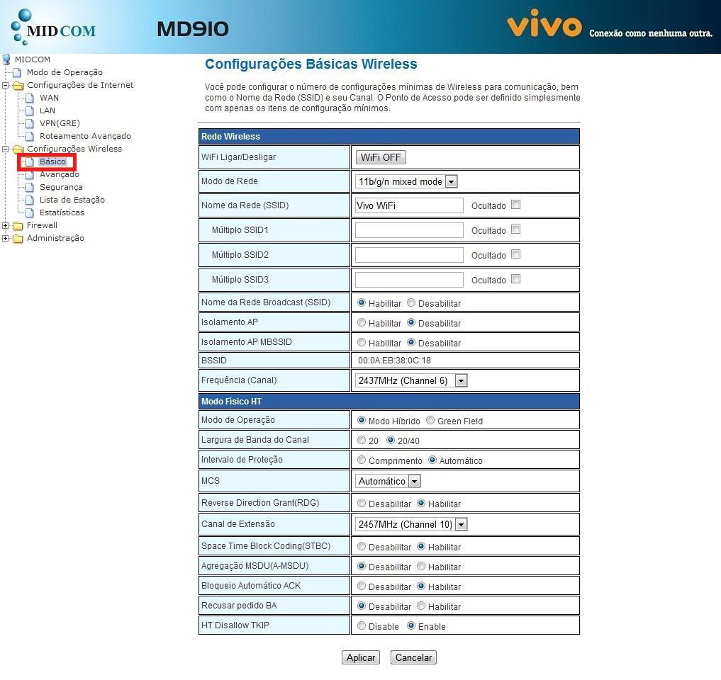 10. Configuração Wireless. Nesta seção podem ser alteradas as configurações wireless do FWT MD910. WiFi Ligar/Desligar: Clicando no botão ao lado você ativa ou desativa a função wireless do FWT MD910.