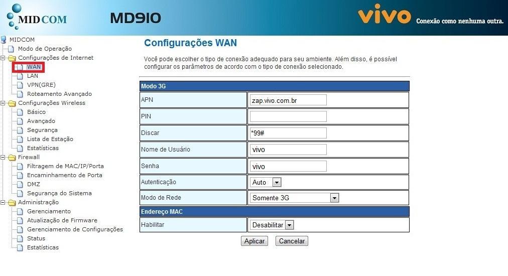 6. Configuração do Modo de Operação. O roteador MD910 suporta o "Gateway" modo de operação para o seu ambiente de rede. Neste modo de operação, o dispositivo funciona como um roteador sem fio.