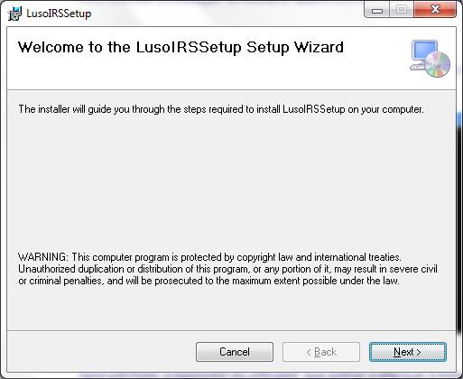 3. INSTALAÇÃO DO UTILITÁRIO LUSOIRS Para efectuar a instalação do utilitário LusoIRS, execute o ficheiro LusoIRSSetup.msi. Irá ser-lhe exibido o ecrã da imagem seguinte.