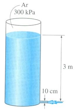 9) Um tanque pressurizado de água tem um orifício de 10 cm de diâmetro na parte inferior, onde a água é descarregada para a atmosfera. O nível de água está 3 m acima da saída.