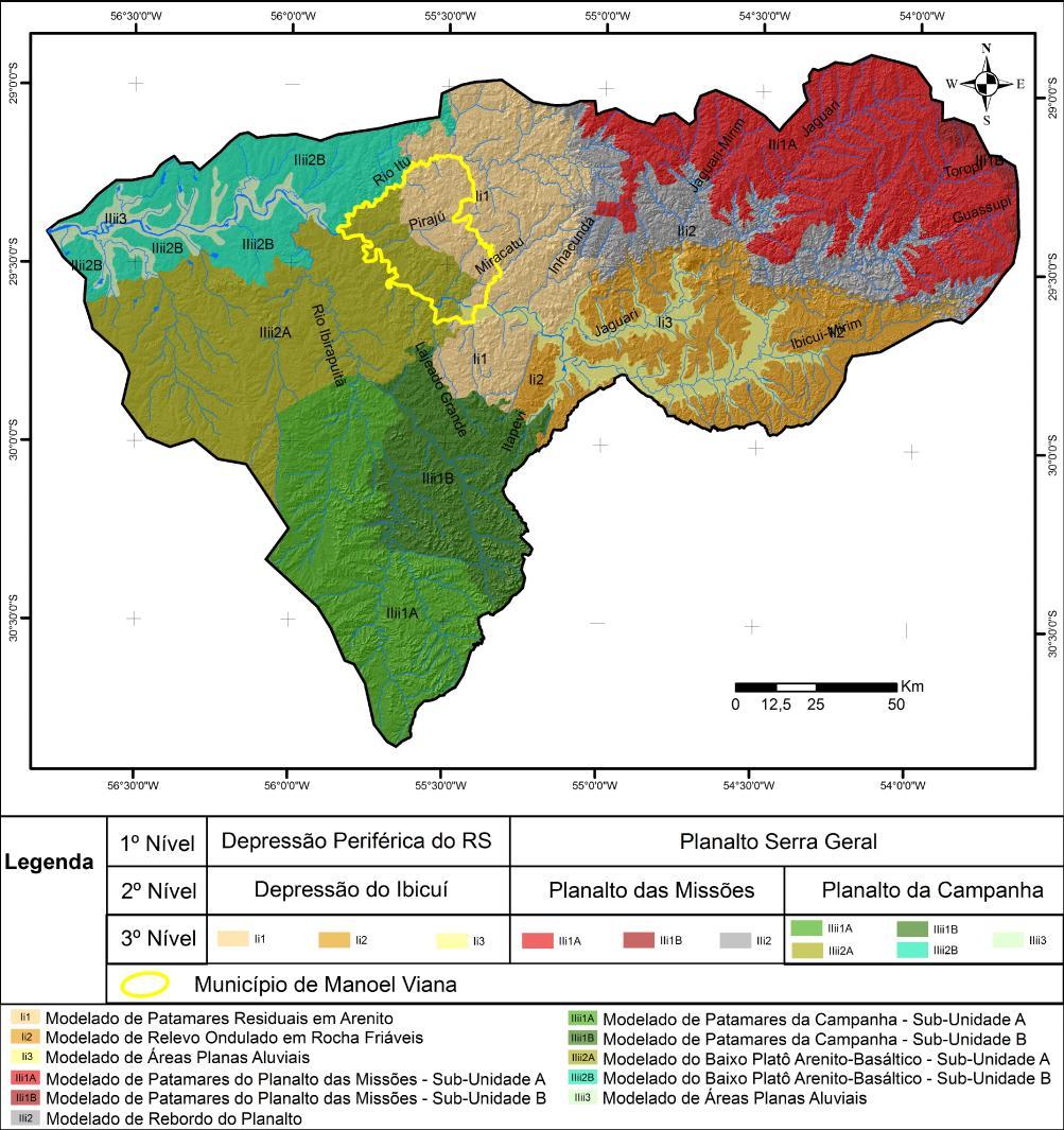 Figura 02 Compartimentação geomorfológica da bacia hidrográfica do Rio Ibicuí, com destaque ao município de Manoel Viana.