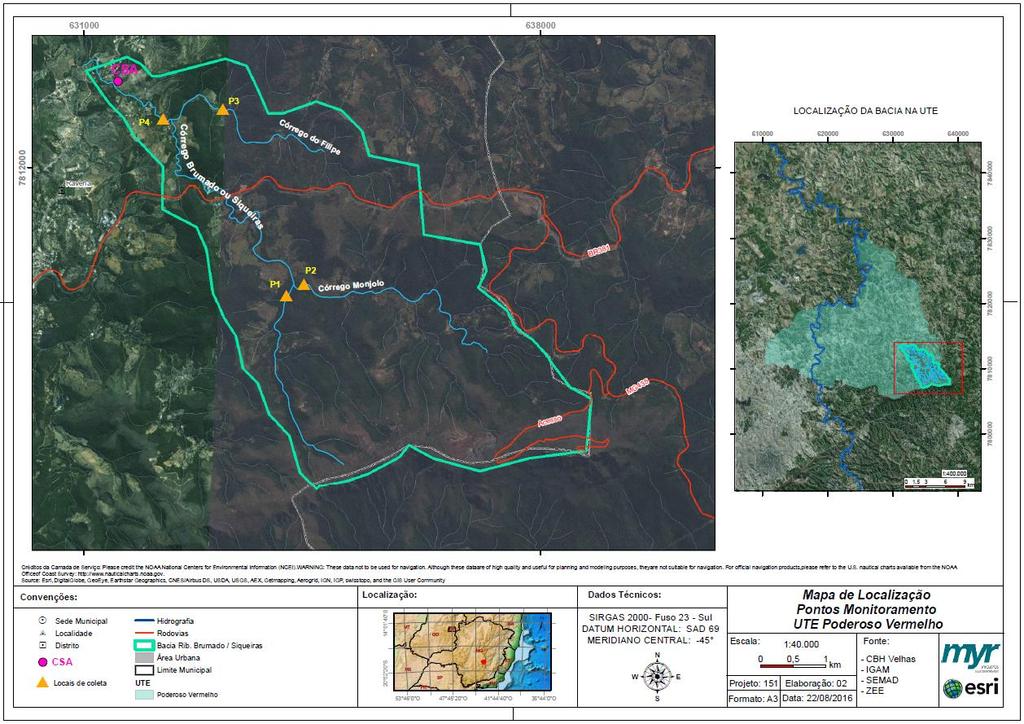 Figura 6: Mapa das estações propostas para monitoramento na subbacia do Córrego Siqueiras Fonte: