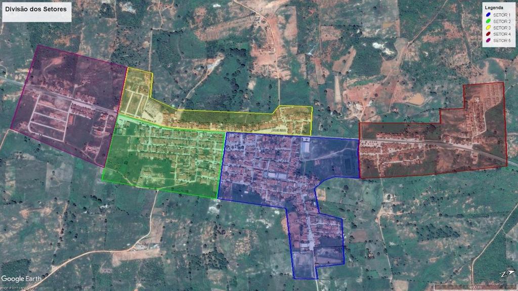 Mapa 02 Divisão da cidade em setores Fonte: Adaptação Google Earth, 2017 Como mostra a figura acima, os maiores setores são 1 e 2, representados respectivamente nas cores azul e verde.