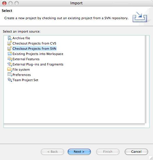 developerworks ibm.com/developerworks/br/ No menu File do Eclipse, selecione Import para exibir o gerenciador de importação (veja a Figura 7). Escolha Checkout Projects na SVN, e clique em Next.