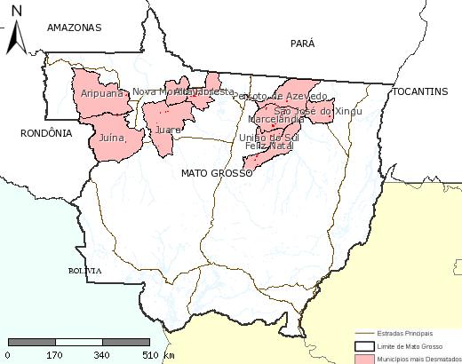 Tabela 5. Municípios mais desmatados em Mato Grosso em maio de 2007.