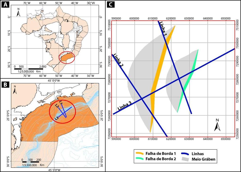 29 Catarina. A figura 1 apresenta a localização da bacia e das linhas sísmicas interpretadas dentro da área de estudo. Figura 1. Localização da área estudada. A. Localização da Bacia de Santos no Brasil.