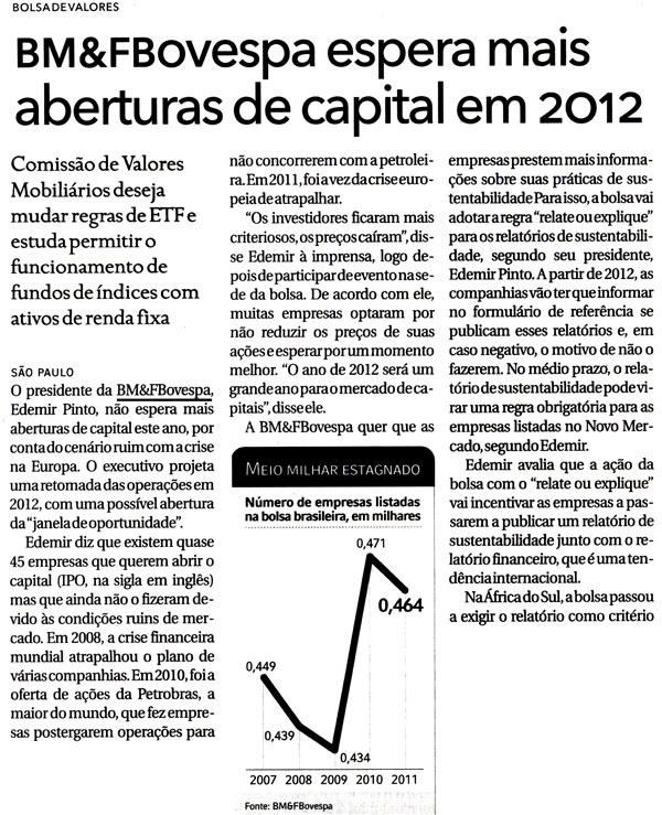 BM&FBovespa espera mais aberturas de capital em 2012