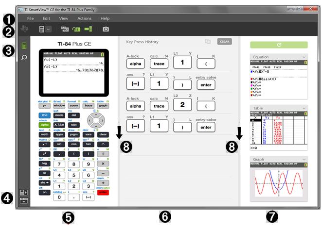 Utilizar a área de trabalho do emulador da calculadora TI-SmartView CE A área de trabalho do emulador da calculadora TI-SmartView CE contém ferramentas que pode