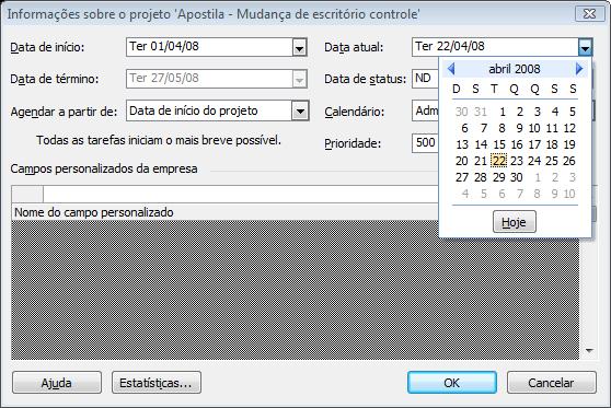 JURANDIR PEINADO Página 25 Figura 40 - Salvando uma linha de base: mudança escritório Após salvar uma linha de base, altere a data atual do projeto para simular que estamos