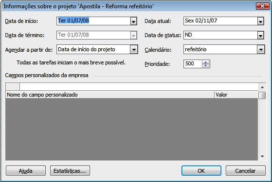 Figura 15 - Tornando calendário padrão: reforma refeitório Segundo passo: Antes de iniciar a planilha do gráfico de Gantt, faça mais uma configuração.