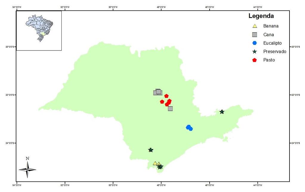 12 Figura 1. Localização da área de estudo no estado de São Paulo, Brasil. Os tipos de modificações de habitat estão indicados por símbolos. Fonte: Elaborada pela autora com o apoio de Rafael Alves.