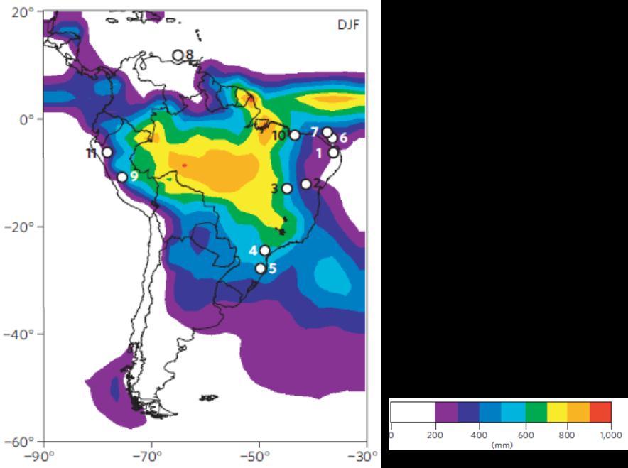 51 Figura 24 Precipitação média para os meses de Dezembro/Janeiro/Fevereiro (em mm) de 1979 a 2000 para as regiões do Brasil afetadas pelo SMAS. Figura adaptada de CRUZ et al. (2009).