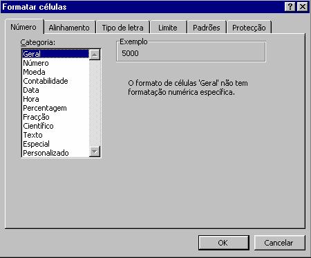 Formatação de células c A categoria Geral