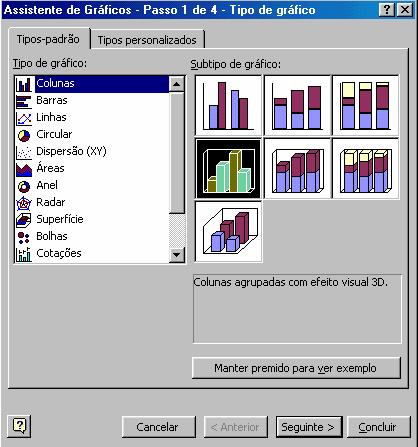 Criação de gráficos Na primeira caixa de diálogo encontram-se os tipos e sub-tipos de gráficos pré definidos no Excel: Em Tipo