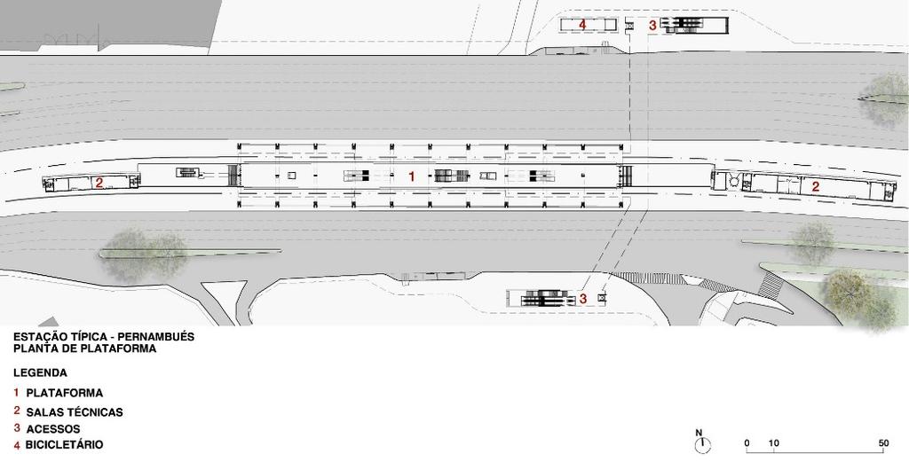 acessos locados em ambos os lados da avenida, possuem uma similaridade de implantação que possibilitou agrupá-las como estações típicas, que receberiam soluções de