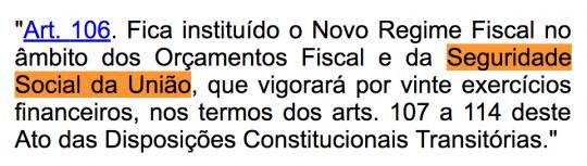 Trecho da Emenda Constitucional 95, que determina o congelamento do orçamento da Seguridade Social por 20 anos.