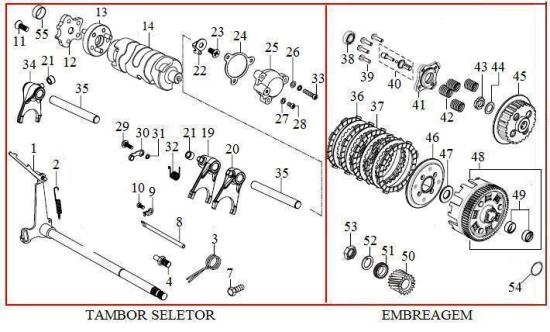 CONJUNTO DE CAMBIO 1 D151350018 EIXO SELETOR DE MARCHAS 92,00 2 D159460008 MOLA DO EIXO SELETOR DE MARCHAS 2,50 3 D159460018 MOLA DE RETORNO 2,50 4 D151350024 LIMITADOR DO BRACO DO PEDAL DE CAMBIO