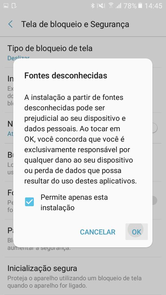 Clique em Configurações para habilitar instalação de