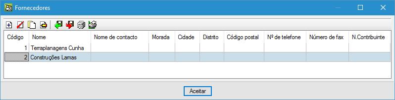 subempreitada. Prima no menu Controle de obra> Contas> Fornecedores e adicione os forneceres de acordo com a figura seguinte. Fig. 2.