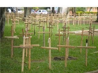 paisagem parecia de um cemitério. As cruzes e velas foram utilizadas para simbolizar a morte do meio ambiente nas comunidades, caso a mina seja instalada.