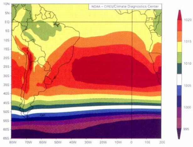 Figura 2.5: Distribuição espacial da pressão atmosférica média ao nível do mar durante os meses de inverno, em mbar.