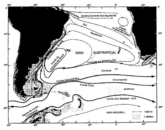Figura 2.7: Esquema climatológico da circulação superficial na bacia do oceano Atlântico Sul. Extraído de Silveira (2000).