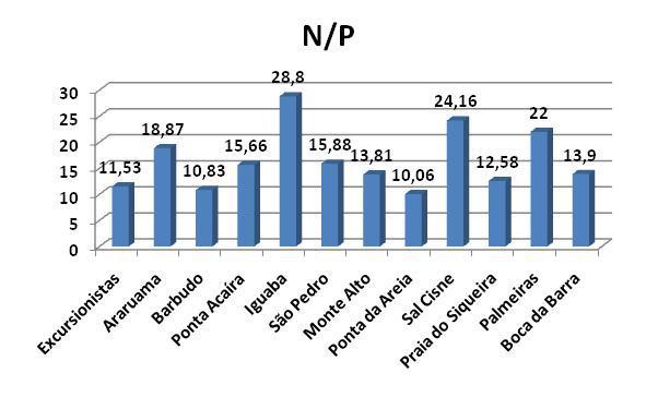 Relação N/P A relação Nitrogênio/Fósforo (N/P) manteve-se com uma média de 16,5 (N/P). O valor mínimo foi obtido no ponto 8 de 10,06 e um valor máximo no ponto 5 de 28,8.