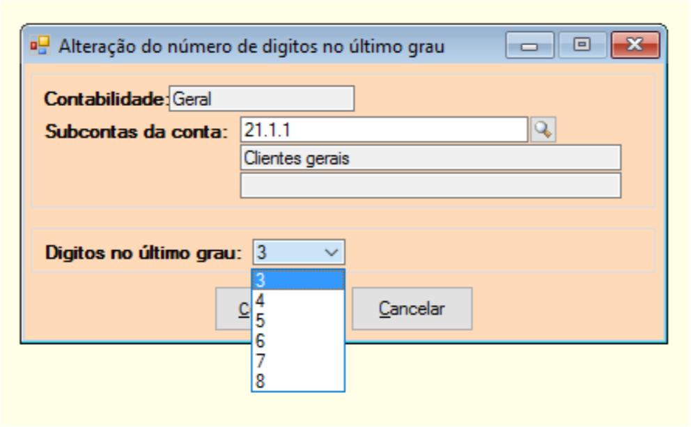 Alteração do número de dígitos do último grau da conta Foi criado um utilitário que permite alterar o número de dígitos do último grau de um ramo de contas.