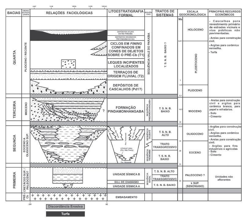 44 Figura 16: Coluna estratigráfica da Bacia de Taubaté, sendo T.S.N.B. = Trato de Sistema de Nível Basal (FONTE: Adaptado de CAMPANHA, 1994).