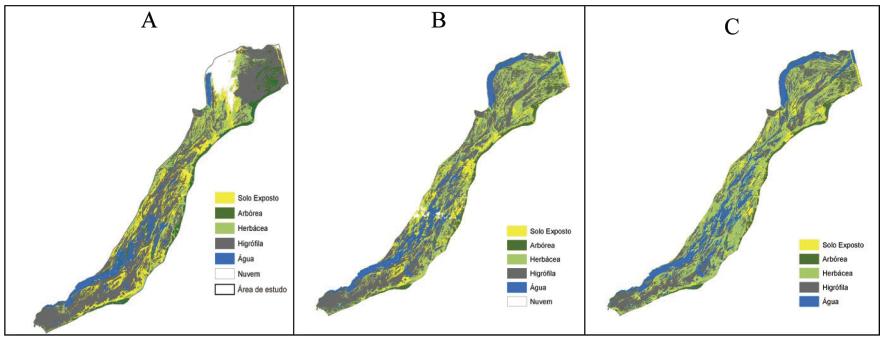 A INFLUÊNCIA DA INUNDAÇÃO NA DINÂMICA DA VEGETAÇÃO DA PLANÍCIE FLUVIAL DO ALTO RIO PARANÁ EM 2007 Os mapas da Figura 6 mostram a diminuição das áreas úmidas (vegetação higrófila) e das áreas de solo