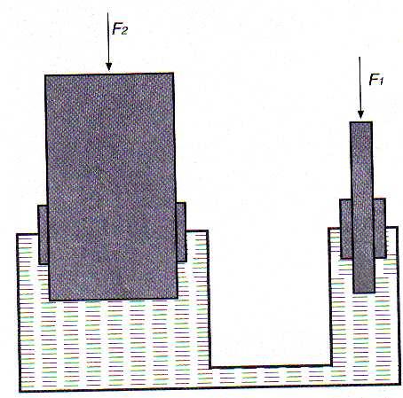 aplicada uma força F 1 = 50 N, a pressão do fluido transmitirá, ao êmbulo maior, uma força F 2 de 16 x 50 N, ou seja, F 2 = 800 N.