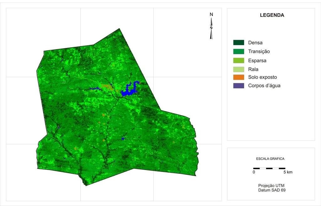 3. RESULTADOS E DISCUSSÃO No mapa de vegetação (Figura 1), observa-se que a classe solo exposto apresenta uma área de 4,34 km 2 representando 0,8% da área total, a classe de vegetação rala apresenta