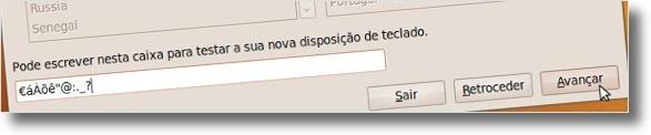 caixa de texto disponibilizada no instalador de forma a ver se o teclado que o Ubuntu escolheu está correcto.
