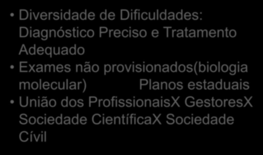 PROJETO FORUNS REGIONAIS RESULTADOS Diversidade de Dificuldades: Diagnóstico Preciso e Tratamento Adequado Exames não